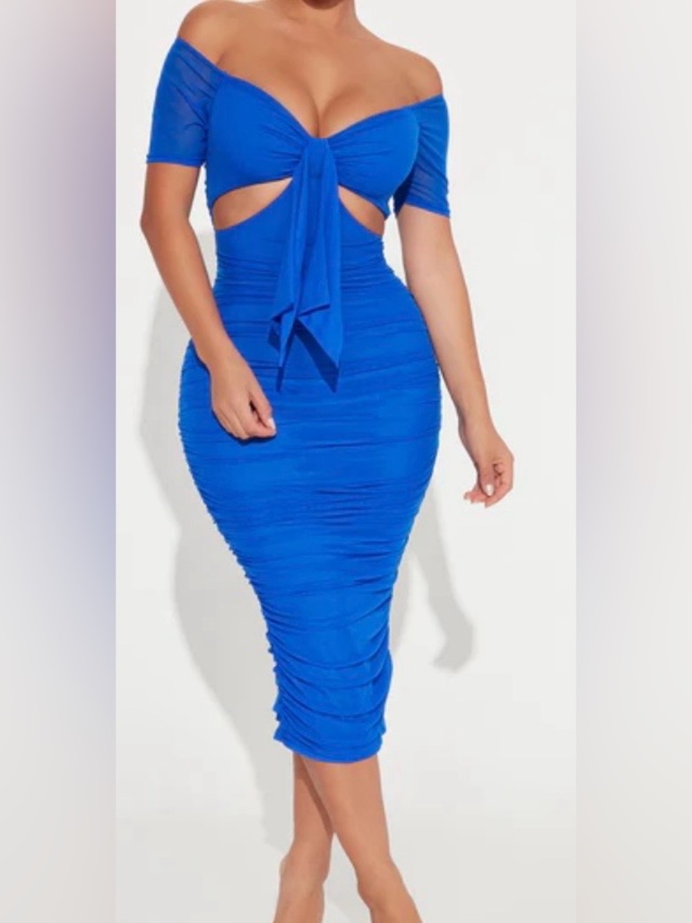 Fashion Nova Royal Blue Off-Shoulder Tie-Front Midi Dress